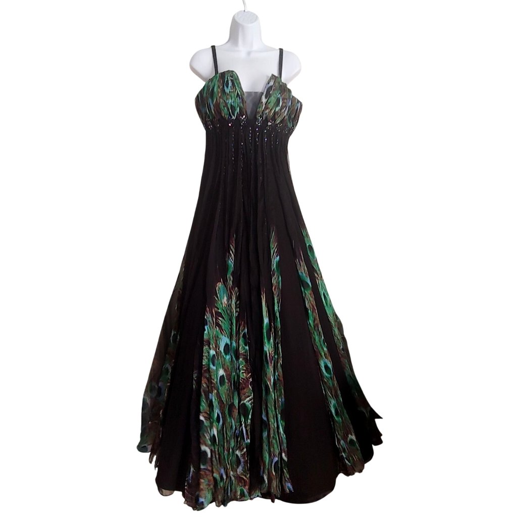 Alberto Malaki Peacock 100% Silk Flowy Haute Beaded, Sequin Empire Waist Gown 8